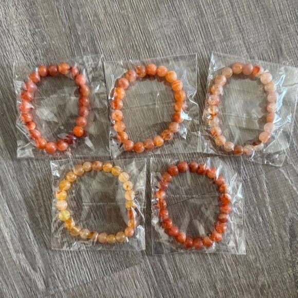 Set of 5 Genuine Carnelian Crystal Bracelets | Stretch Bead Bracelets | Courage - Picture 1 of 9